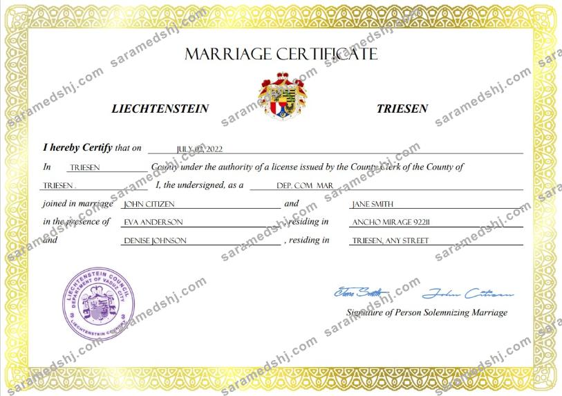 Liechtenstein marriage certificate Word and PDF template